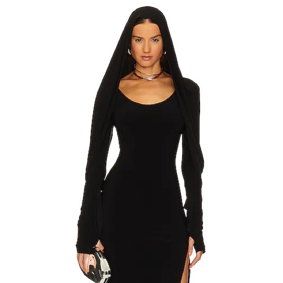 Norma Kamali Black Long Sleeve Dress Hooded Open Back Side Slit Gown Norma Kamali Black Long Sleeve Dress Hooded Open Back Side Slit Gown